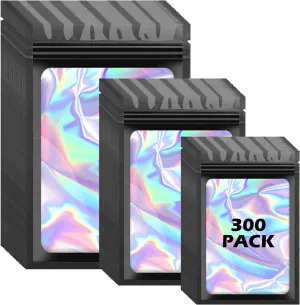 300 Pcs Holographic Mylar Bags, 3 Size Smell Proof Bags with Clear Window Foil Pouch Bags Resealable Bags for Small Business and Food Storage, Black