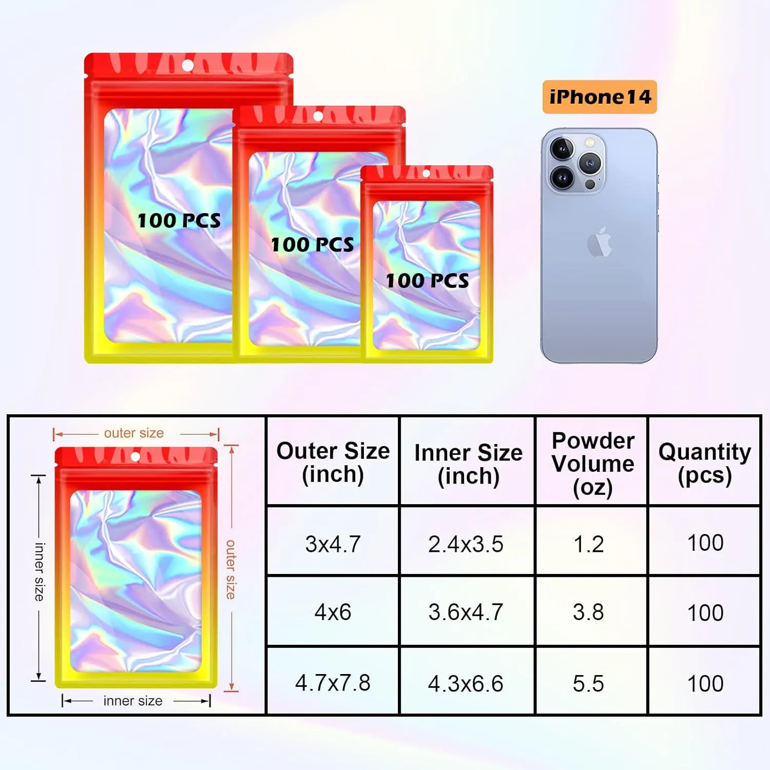 300 Pcs Holographic Mylar Bags, 3 Size Smell Proof Bags with Clear Window Foil Pouch Bags Resealable Bags for Small Business and Food Storage, Red Yellow