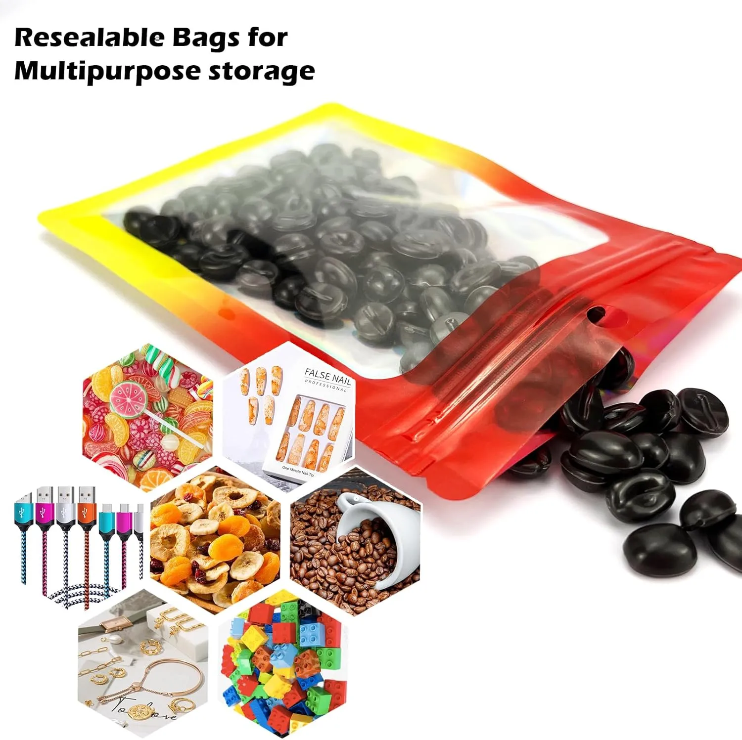 300 Pcs Holographic Mylar Bags, 3 Size Smell Proof Bags with Clear Window Foil Pouch Bags Resealable Bags for Small Business and Food Storage, Red Yellow