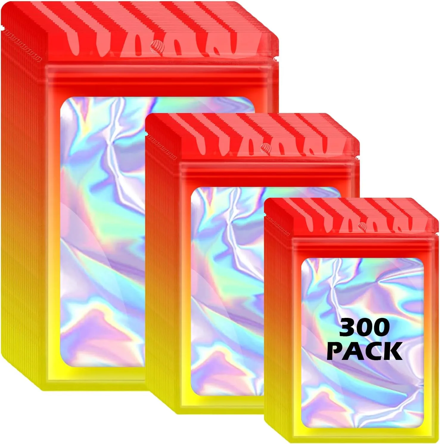 300 Pcs Holographic Mylar Bags, 3 Size Smell Proof Bags with Clear Window Foil Pouch Bags Resealable Bags for Small Business and Food Storage, Red Yellow