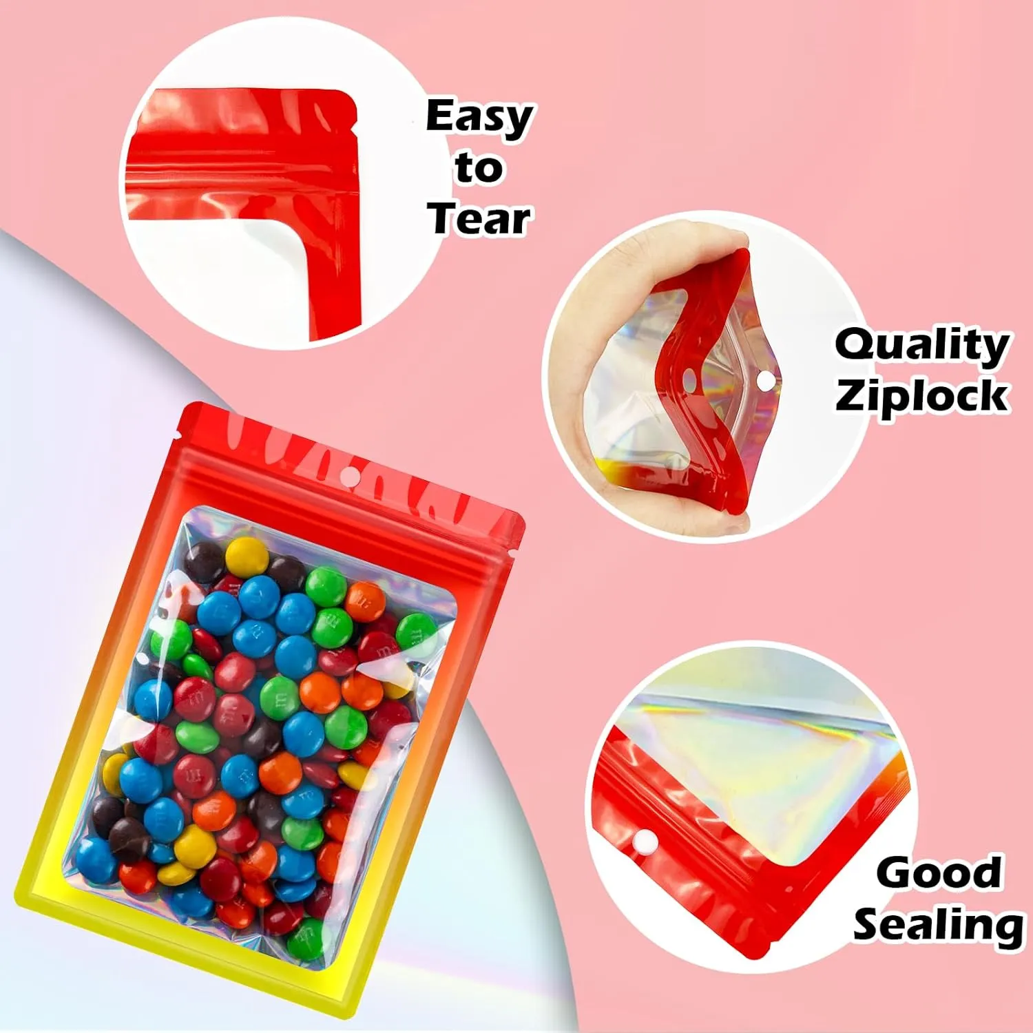 300 Pcs Holographic Mylar Bags, 3 Size Smell Proof Bags with Clear Window Foil Pouch Bags Resealable Bags for Small Business and Food Storage, Red Yellow