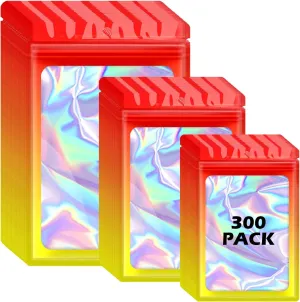 300 Pcs Holographic Mylar Bags, 3 Size Smell Proof Bags with Clear Window Foil Pouch Bags Resealable Bags for Small Business and Food Storage, Red Yellow