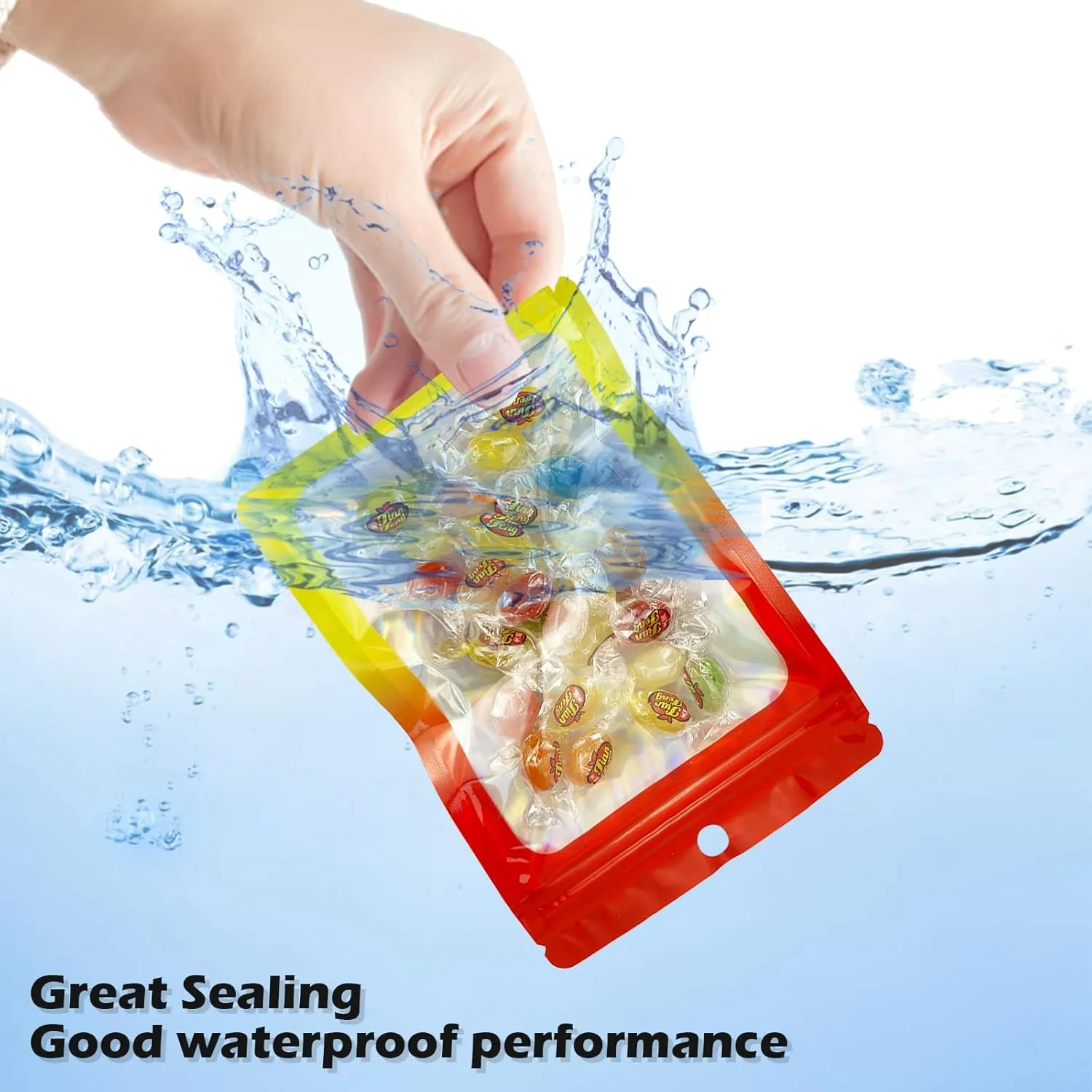 300 Pcs Holographic Mylar Bags, 3 Size Smell Proof Bags with Clear Window Foil Pouch Bags Resealable Bags for Small Business and Food Storage, Red Yellow