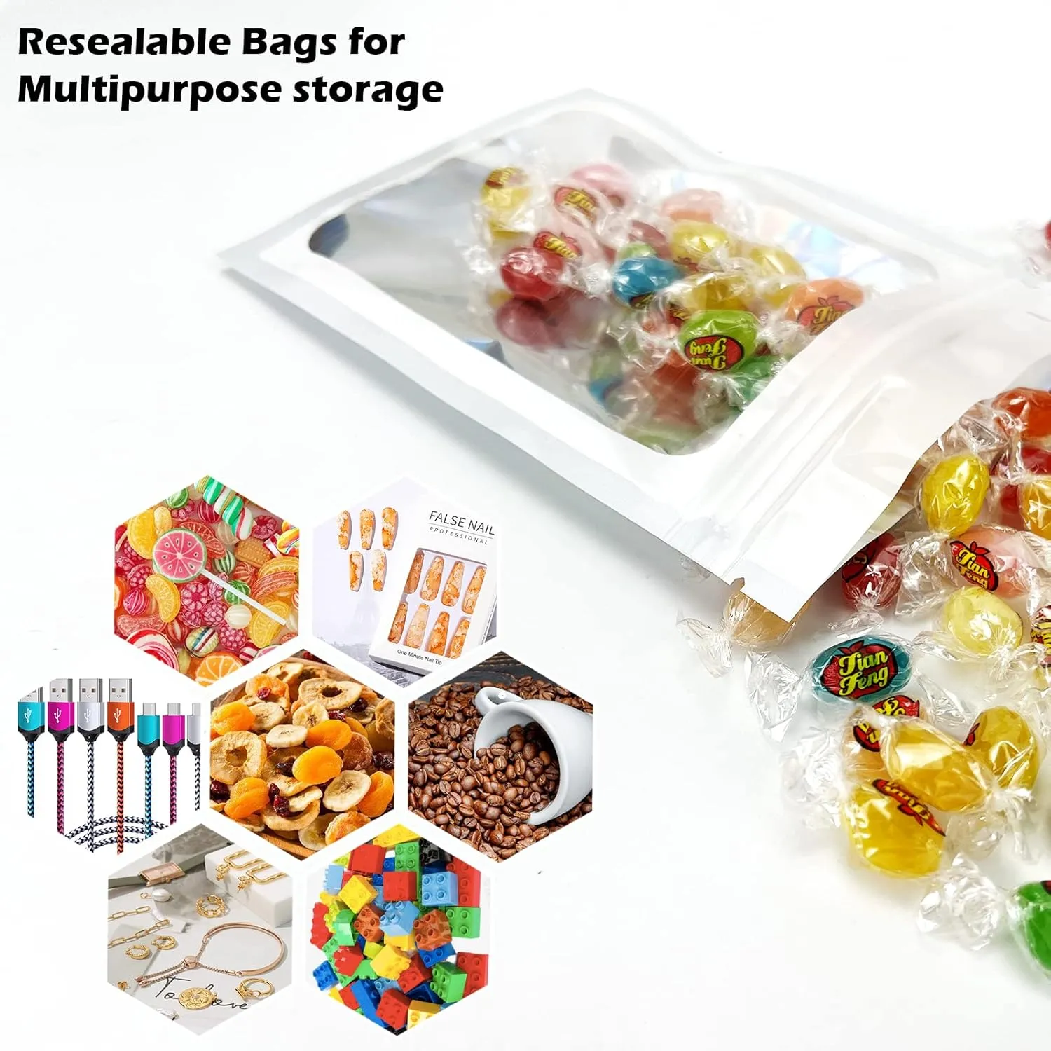 300 Pcs Holographic Mylar Bags, 3 Sizes, Smell Proof, Airtight, Reusable, Layered Construction, Zipper Closure, White