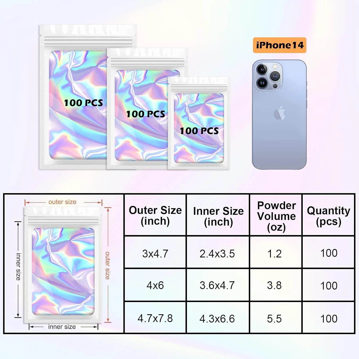300 Pcs Holographic Mylar Bags, 3 Sizes, Smell Proof, Airtight, Reusable, Layered Construction, Zipper Closure, White