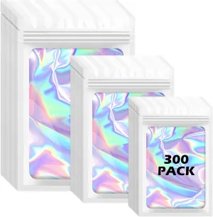 300 Pcs Holographic Mylar Bags, 3 Sizes, Smell Proof, Airtight, Reusable, Layered Construction, Zipper Closure, White