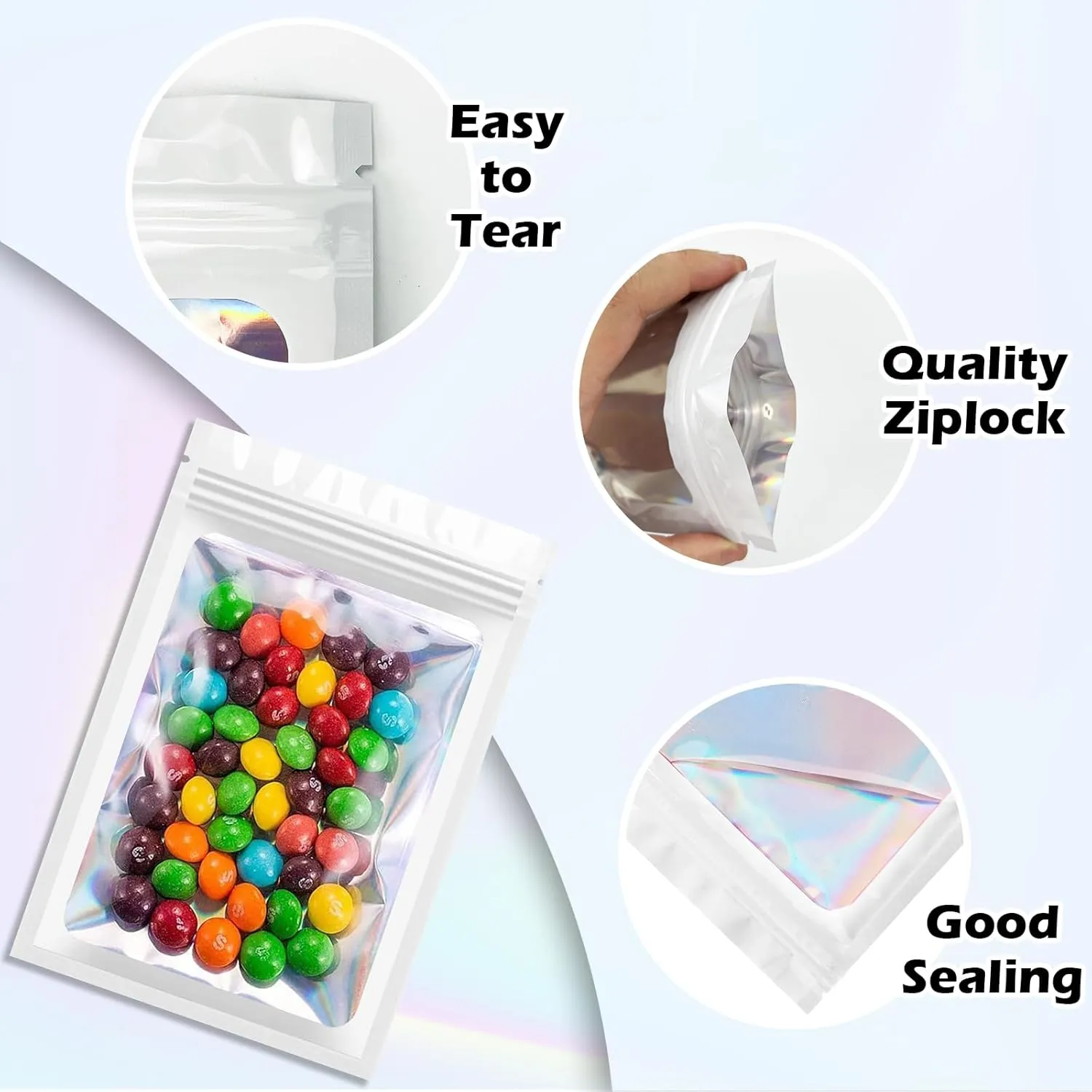300 Pcs Holographic Mylar Bags, 3 Sizes, Smell Proof, Airtight, Reusable, Layered Construction, Zipper Closure, White