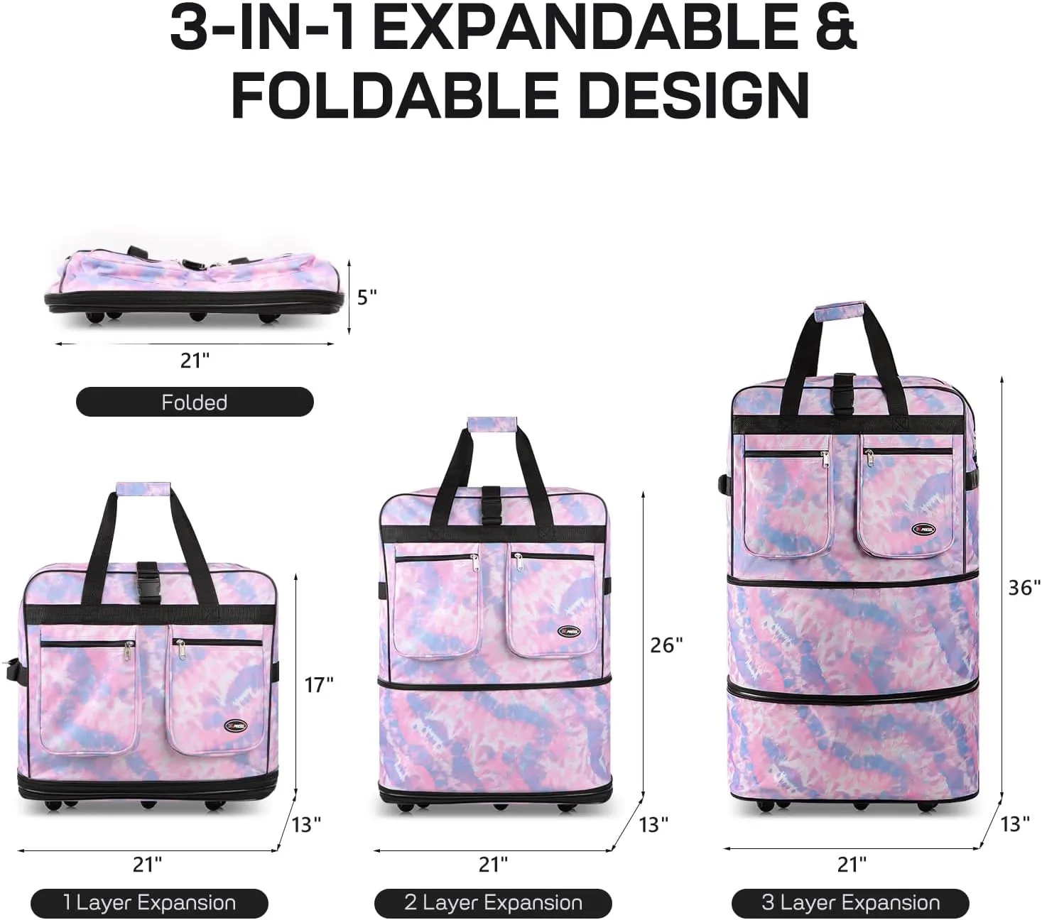 30''36''40''Rolling Wheeled Duffel Bag Suitcases with Wheels Expandable Foldable Luggage Bag Rolling Travel Bag Duffel Bag for Men Women Waterproof Suitcase-Weekend Bags#Rainbow_Tie_Dye,36