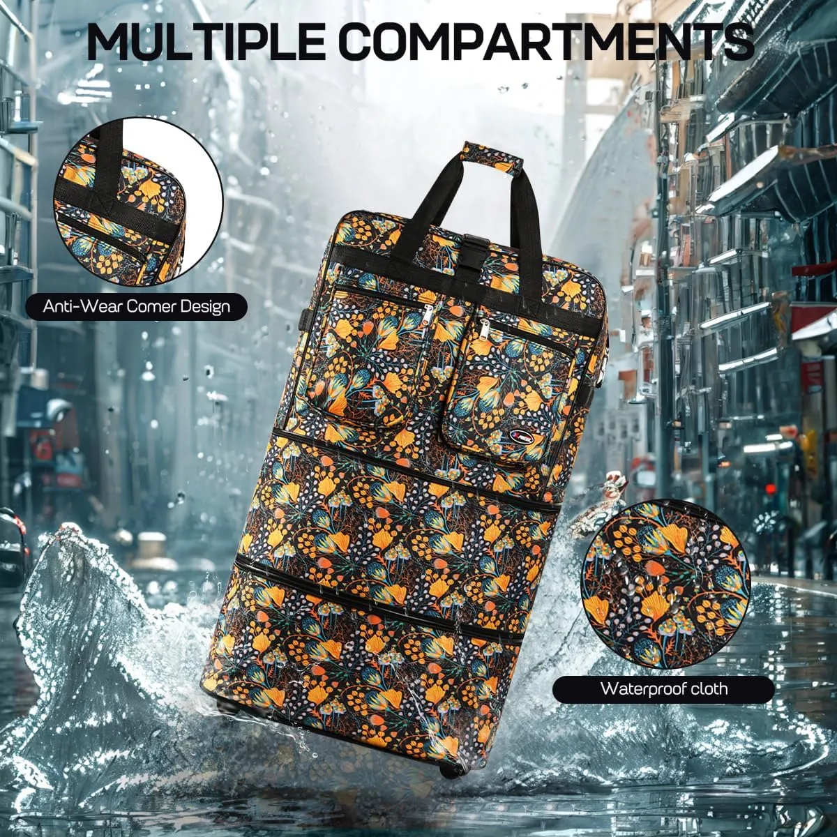 30''36''40''Rolling Wheeled Duffel Bag Suitcases with Wheels Expandable Foldable Luggage Bag Rolling Travel Bag Duffel Bag for Men Women Waterproof Suitcase-Weekend Bags#Yellow_Floral,30