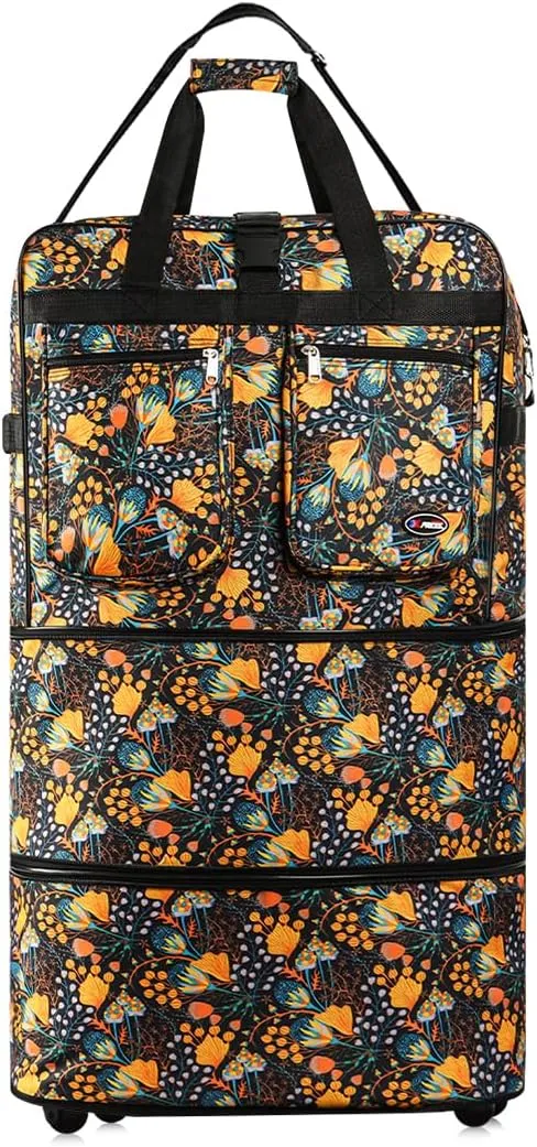 30''36''40''Rolling Wheeled Duffel Bag Suitcases with Wheels Expandable Foldable Luggage Bag Rolling Travel Bag Duffel Bag for Men Women Waterproof Suitcase-Weekend Bags#Yellow_Floral,30