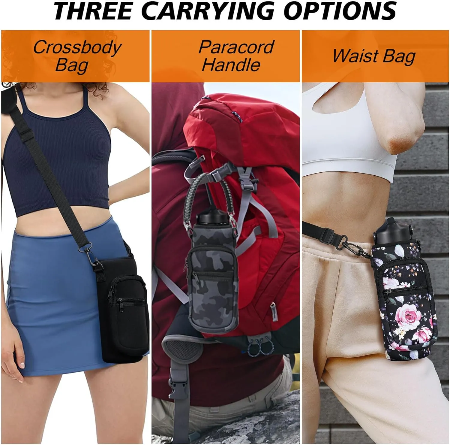 32/40/64/128 oz Neoprene Insulated Water Bottle Carrier Bag, Sling Bag Sleeve Pouch Holder with Strap & Paracord Handle and 2 Pocket for Travelling, Hiking, Camping