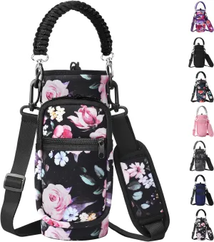 32/40/64/128 oz Neoprene Insulated Water Bottle Carrier Bag, Sling Bag Sleeve Pouch Holder with Strap & Paracord Handle and 2 Pocket for Travelling, Hiking, Camping