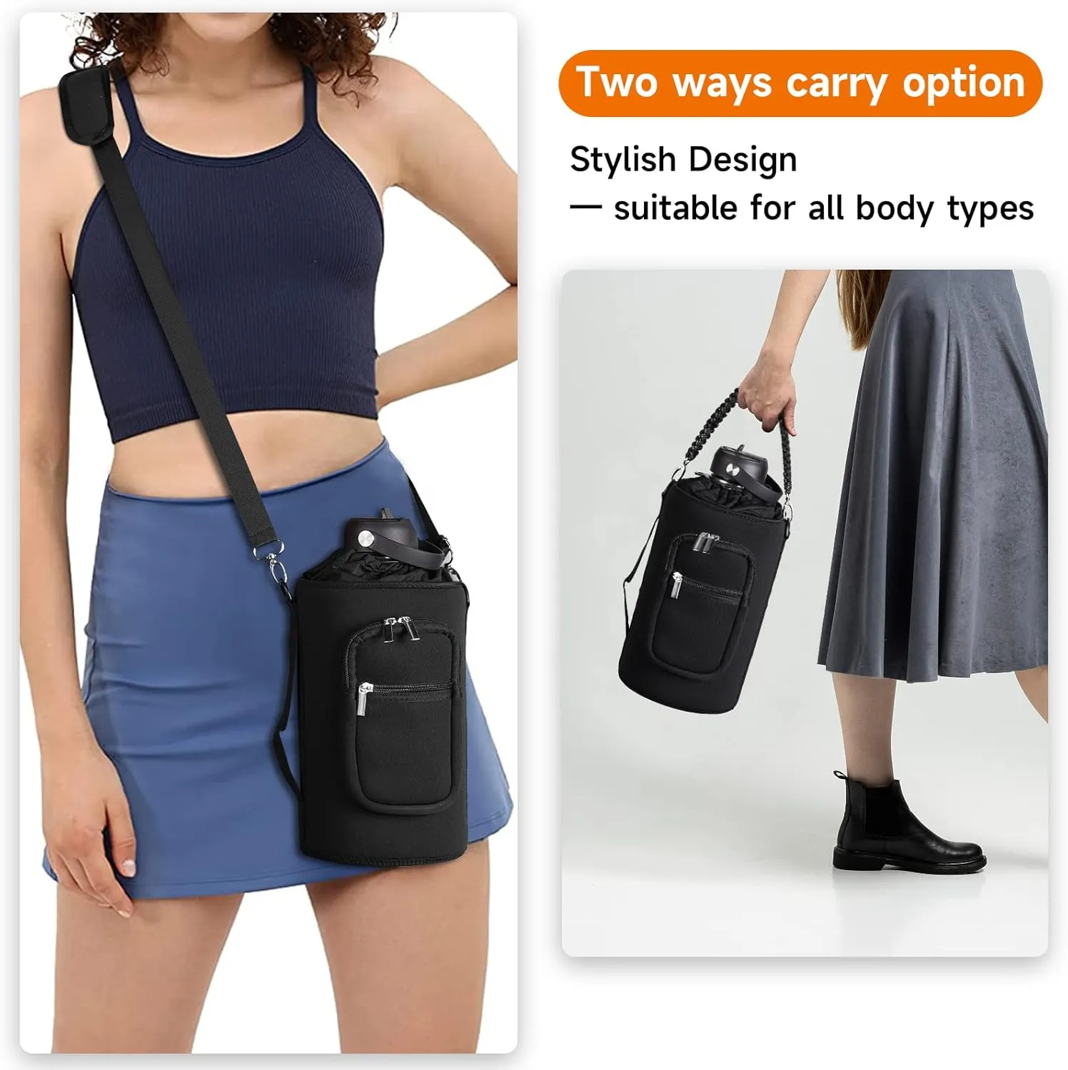 32/40/64/128 oz Neoprene Insulated Water Bottle Carrier Bag, Sling Bag Sleeve Pouch Holder with Strap & Paracord Handle and 2 Pocket for Travelling, Hiking, Camping