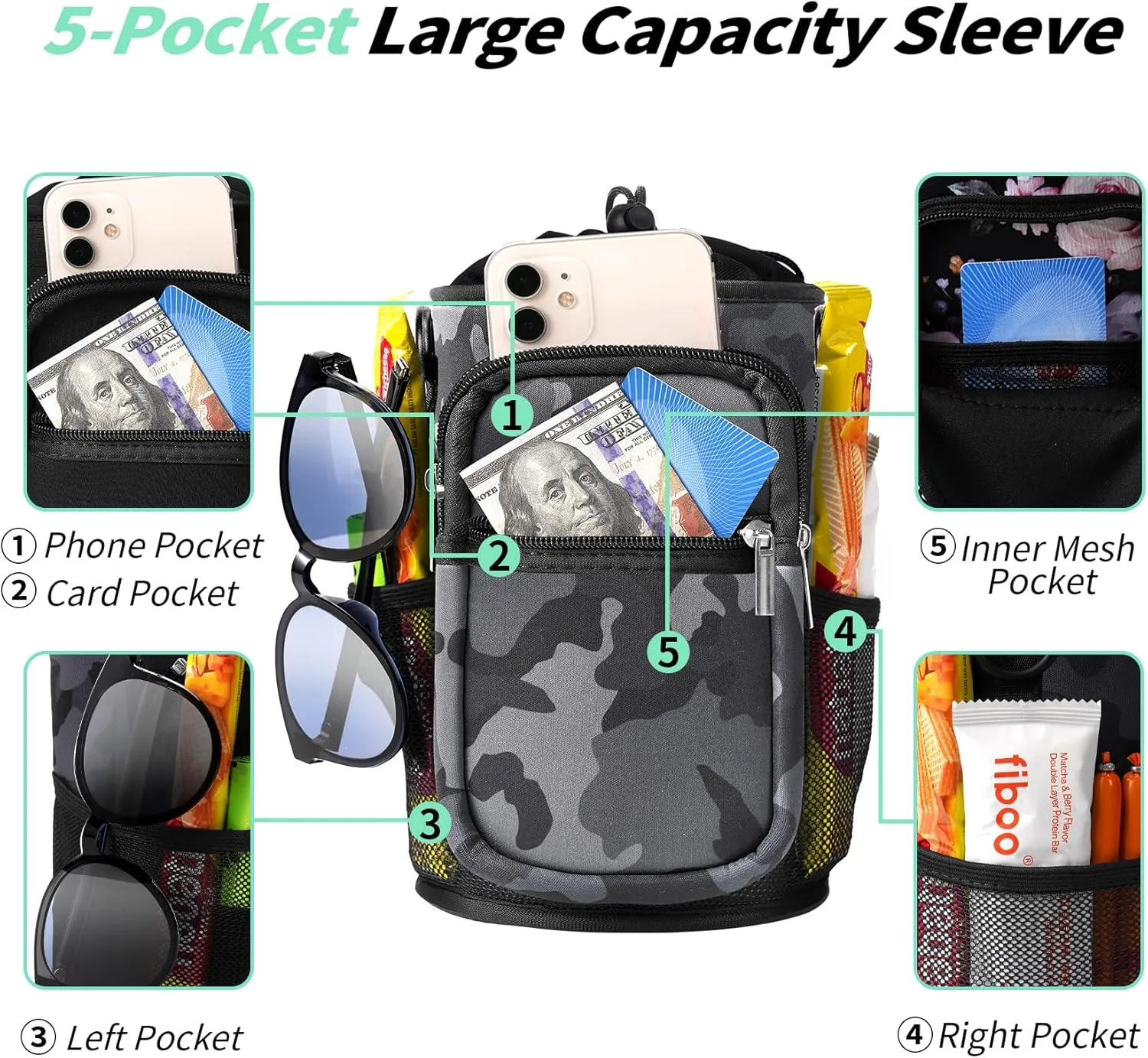 32/40/64/87/128 oz Water Bottle Carrier Bag, Neoprene Water Bottle Sleeve with 4 Pocket, Sport Water Holder with Paracord Handle and Shoulder Strap for Walking Hiking Camping Gym