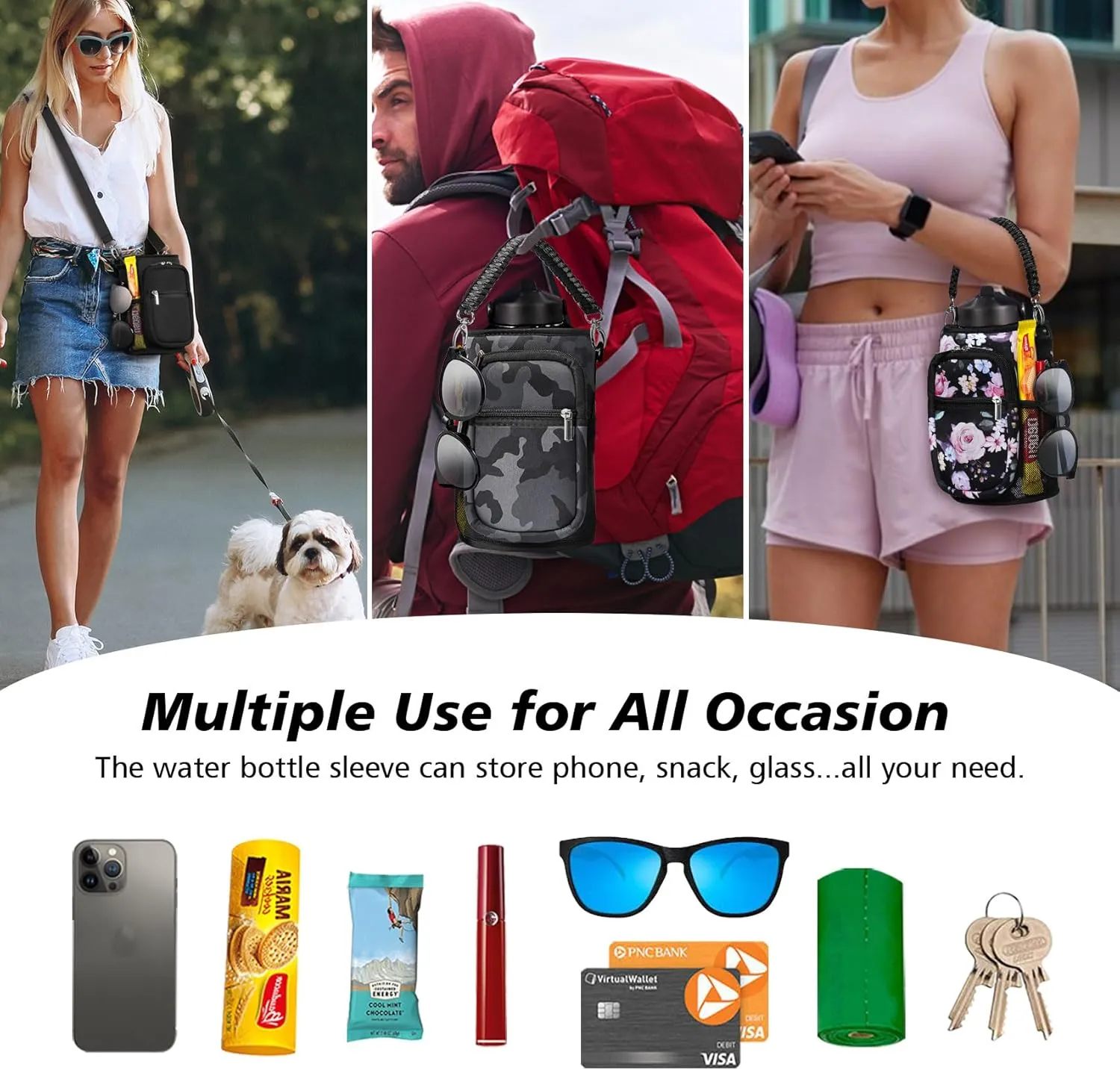 32/40/64/87/128 oz Water Bottle Carrier Bag, Neoprene Water Bottle Sleeve with 4 Pocket, Sport Water Holder with Paracord Handle and Shoulder Strap for Walking Hiking Camping Gym
