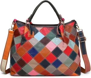 3D Multi-color Flowers Tote for Women Genuine Leather Top-handle Purse Random Colour Spliced Shoulder Satchel Handbag