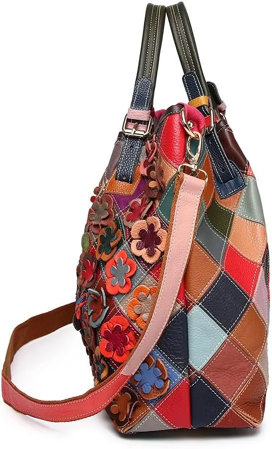 3D Multi-color Flowers Tote for Women Genuine Leather Top-handle Purse Random Colour Spliced Shoulder Satchel Handbag