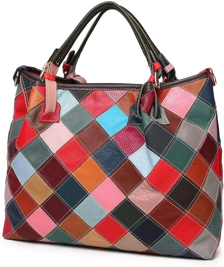 3D Multi-color Flowers Tote for Women Genuine Leather Top-handle Purse Random Colour Spliced Shoulder Satchel Handbag