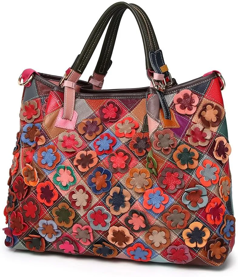 3D Multi-color Flowers Tote for Women Genuine Leather Top-handle Purse Random Colour Spliced Shoulder Satchel Handbag