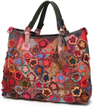 3D Multi-color Flowers Tote for Women Genuine Leather Top-handle Purse Random Colour Spliced Shoulder Satchel Handbag