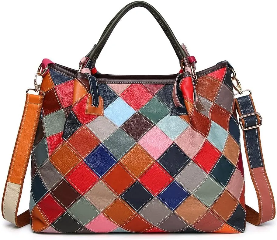 3D Multi-color Flowers Tote for Women Genuine Leather Top-handle Purse Random Colour Spliced Shoulder Satchel Handbag