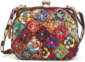 3D Multicolor Floral Purse for Women Shiny Genuine Leather Handbag Kiss Lock Shoulder Bag Colourful Patchwork Satchel