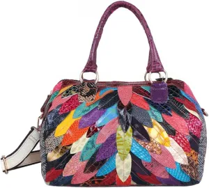 3D Multicolored Leaves Handbag for Women Cow Patent Leather Shoulder Purse Colorful Spliced Snake Print Crossbody Bag