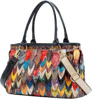 3D Multicolored Leaves Handbag for Women Cow Patent Leather Shoulder Purse Colorful Spliced Snake Print Crossbody Bag