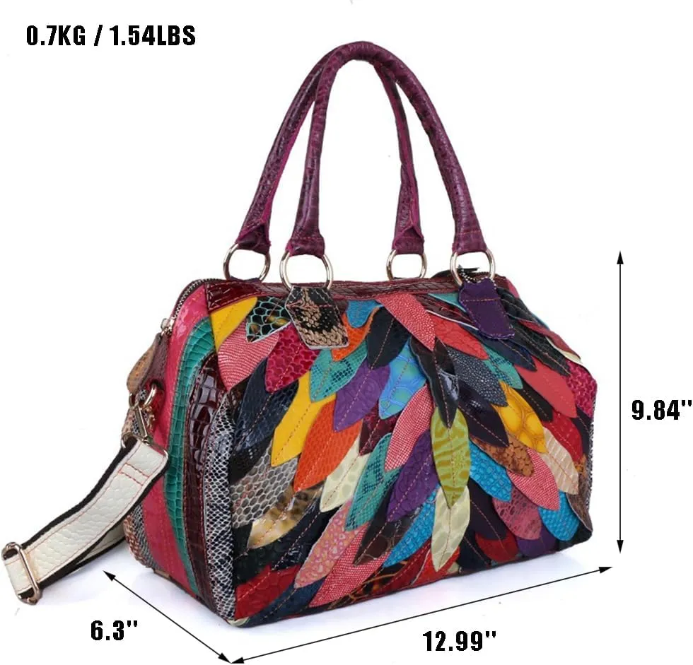 3D Multicolored Leaves Handbag for Women Cow Patent Leather Shoulder Purse Colorful Spliced Snake Print Crossbody Bag