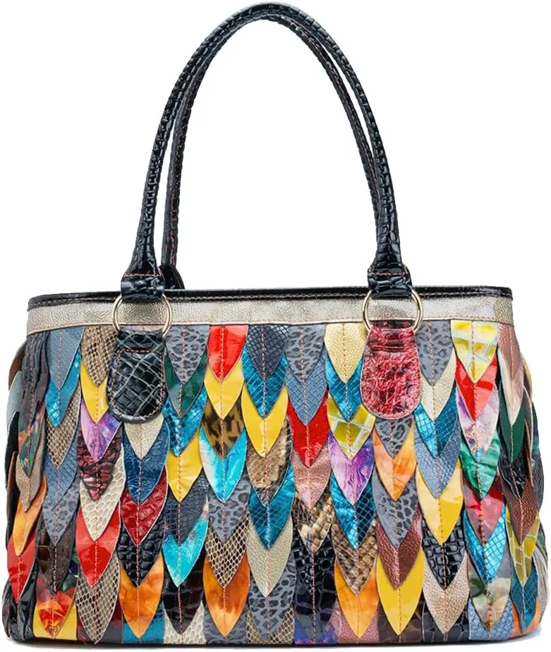 3D Multicolored Leaves Handbag for Women Cow Patent Leather Shoulder Purse Colorful Spliced Snake Print Crossbody Bag