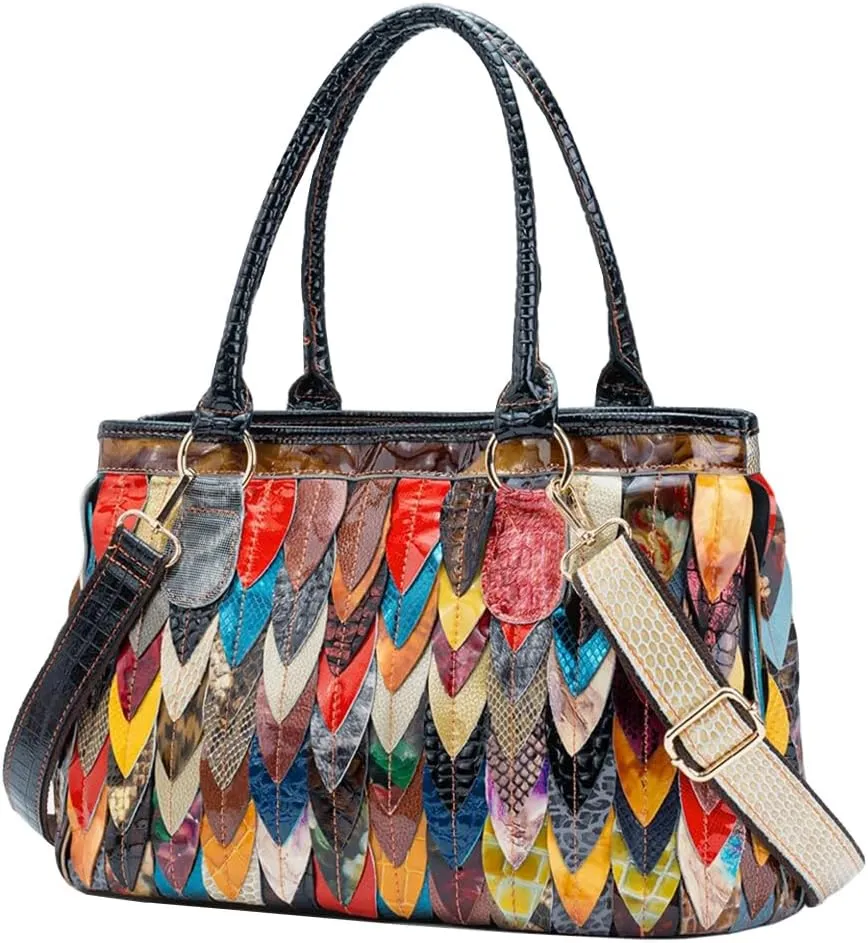 3D Multicolored Leaves Handbag for Women Cow Patent Leather Shoulder Purse Colorful Spliced Snake Print Crossbody Bag