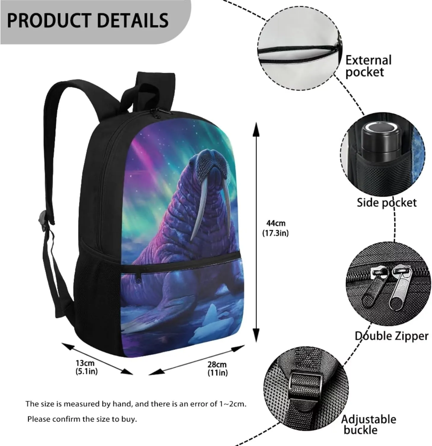 3D Walrus Boys Backpacks Ages 10-12 Set of 3 Bookbag Daypack with Water Bottle Holder Lightweight Children Schiool Bag for Elementary Middle School Outdoor Travel Book Bags with Lunchbox