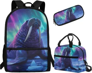 3D Walrus Boys Backpacks Ages 10-12 Set of 3 Bookbag Daypack with Water Bottle Holder Lightweight Children Schiool Bag for Elementary Middle School Outdoor Travel Book Bags with Lunchbox