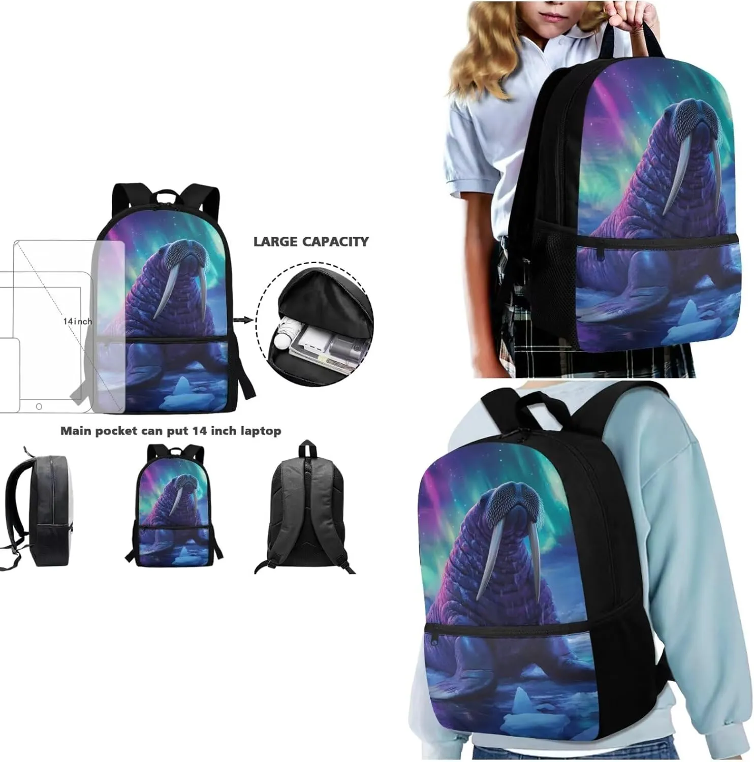 3D Walrus Boys Backpacks Ages 10-12 Set of 3 Bookbag Daypack with Water Bottle Holder Lightweight Children Schiool Bag for Elementary Middle School Outdoor Travel Book Bags with Lunchbox