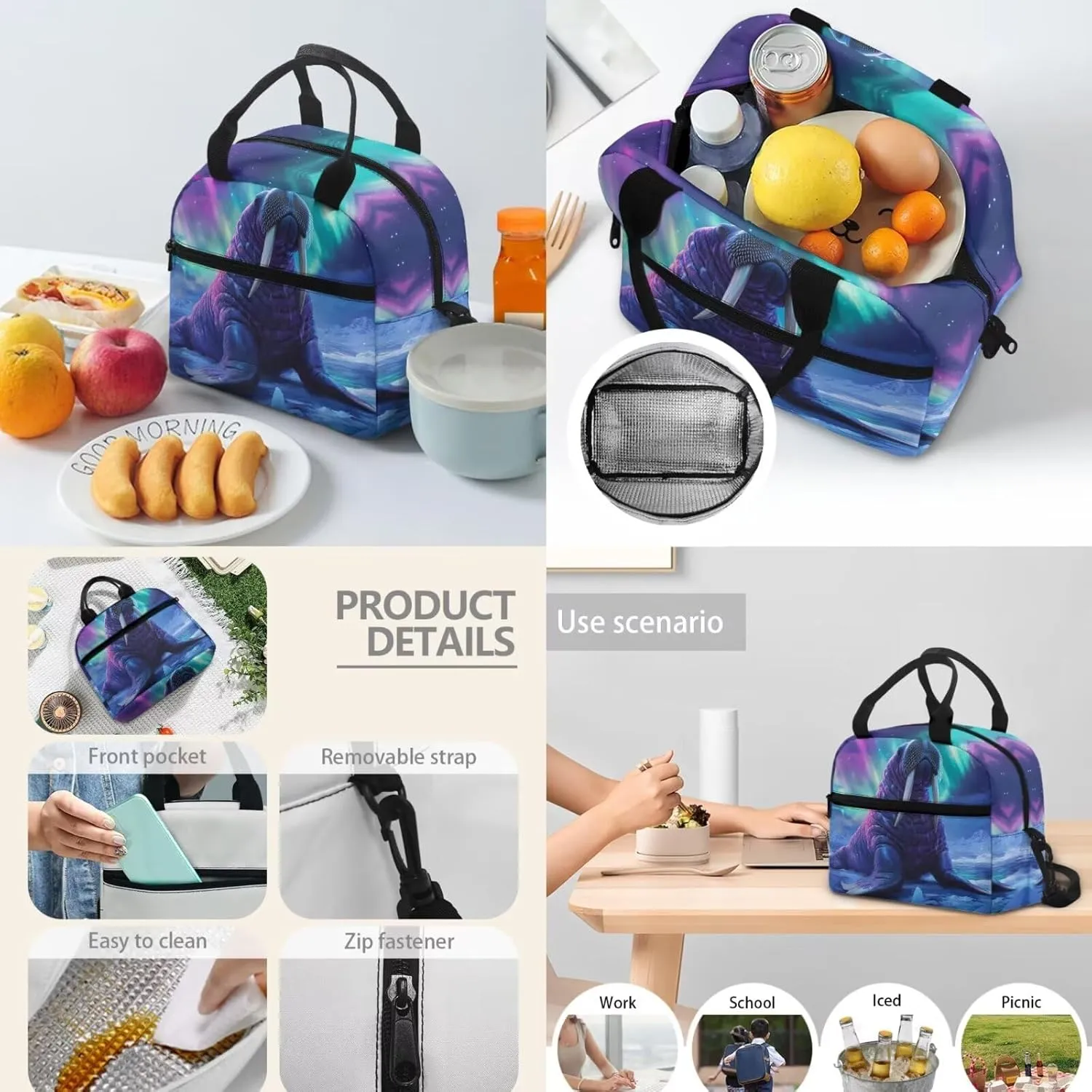 3D Walrus Boys Backpacks Ages 10-12 Set of 3 Bookbag Daypack with Water Bottle Holder Lightweight Children Schiool Bag for Elementary Middle School Outdoor Travel Book Bags with Lunchbox