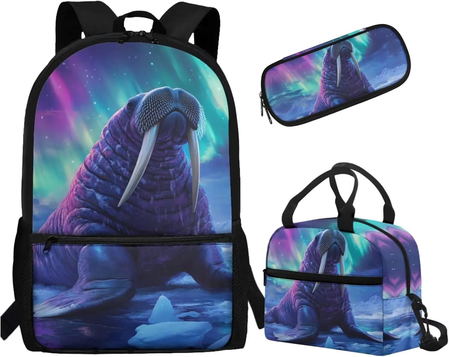 3D Walrus Boys Backpacks Ages 10-12 Set of 3 Bookbag Daypack with Water Bottle Holder Lightweight Children Schiool Bag for Elementary Middle School Outdoor Travel Book Bags with Lunchbox
