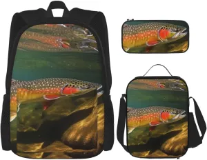 3PCS Backpack Sets with Brook Trout Fly Fishing Laptop Backpack Lunch Bag Pencil Case for Women Men Travel Bag