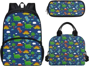 3Pcs Cartoon Dinosaurs School Backpack Sets, Kids Bookbag Primary School Students Knapsack with Insulated Lunch Box Pencil Case for Teens Girls