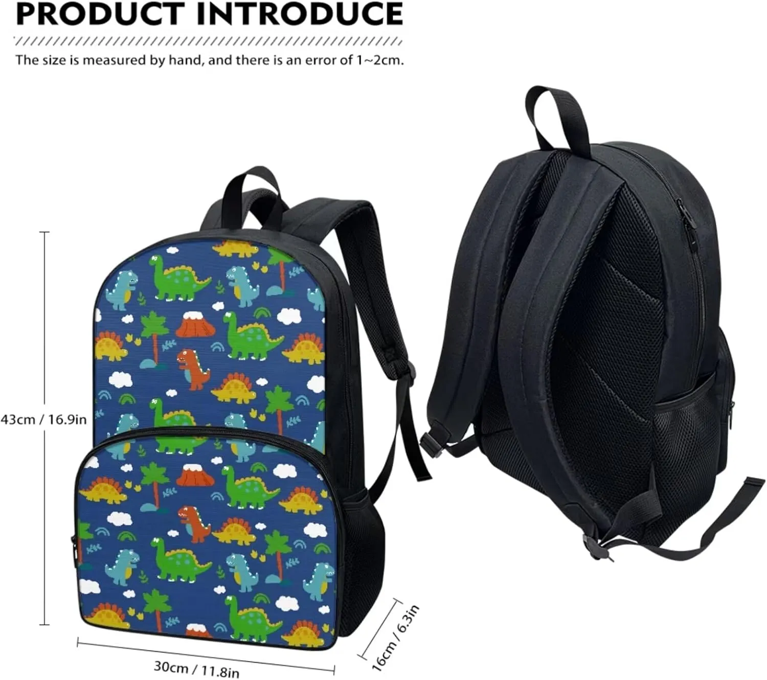 3Pcs Cartoon Dinosaurs School Backpack Sets, Kids Bookbag Primary School Students Knapsack with Insulated Lunch Box Pencil Case for Teens Girls