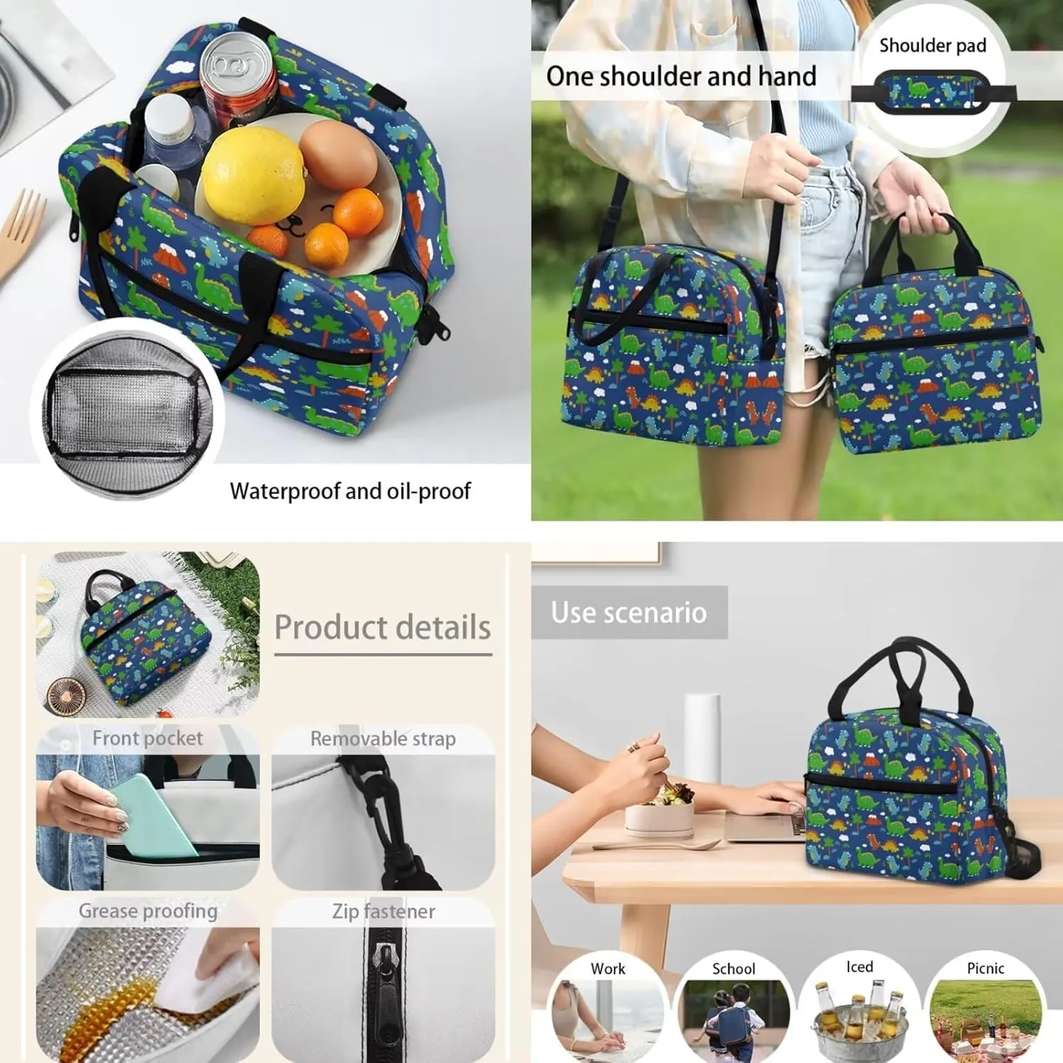 3Pcs Cartoon Dinosaurs School Backpack Sets, Kids Bookbag Primary School Students Knapsack with Insulated Lunch Box Pencil Case for Teens Girls