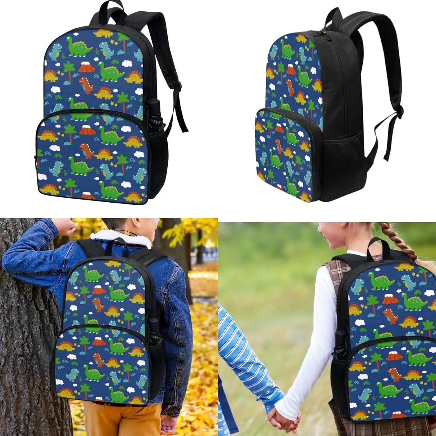 3Pcs Cartoon Dinosaurs School Backpack Sets, Kids Bookbag Primary School Students Knapsack with Insulated Lunch Box Pencil Case for Teens Girls