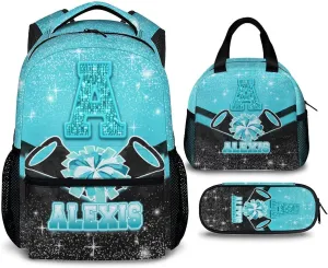 3pcs Kids Backpack for Girls Boys Kindergarten, Custom Glitter Cheer Backpack for Cheerleadings, 17 Inch Colorful Personalized Initial Name Bookbag for School Work Travel Hiking Gym Picnic