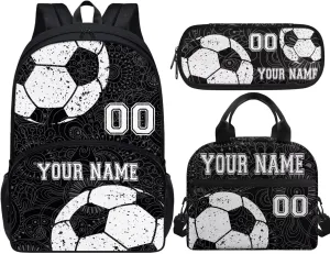 3PCS Soccer Black Boho Floral Custom Backpack for Kids Girls Boys School Bags Teen Bookbags Set Carry on Backpacks Large Capacity Schoolbag with Lunch Bag Sport Daypack Knapsack Rucksack