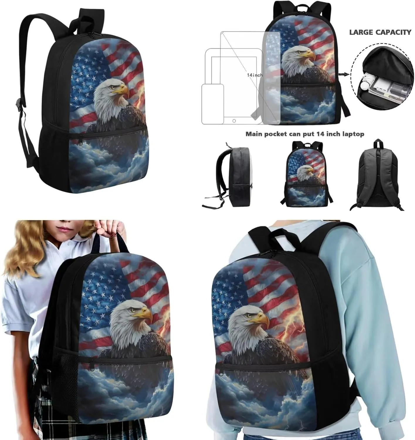 3rd Grade School Backpack Boys 8-9 Years 3 Piece Lightweight American Flag Eagle Bookbag Set with Breathable Back Adjustable Straps for Heavy Textbook Carrying