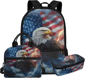 3rd Grade School Backpack Boys 8-9 Years 3 Piece Lightweight American Flag Eagle Bookbag Set with Breathable Back Adjustable Straps for Heavy Textbook Carrying
