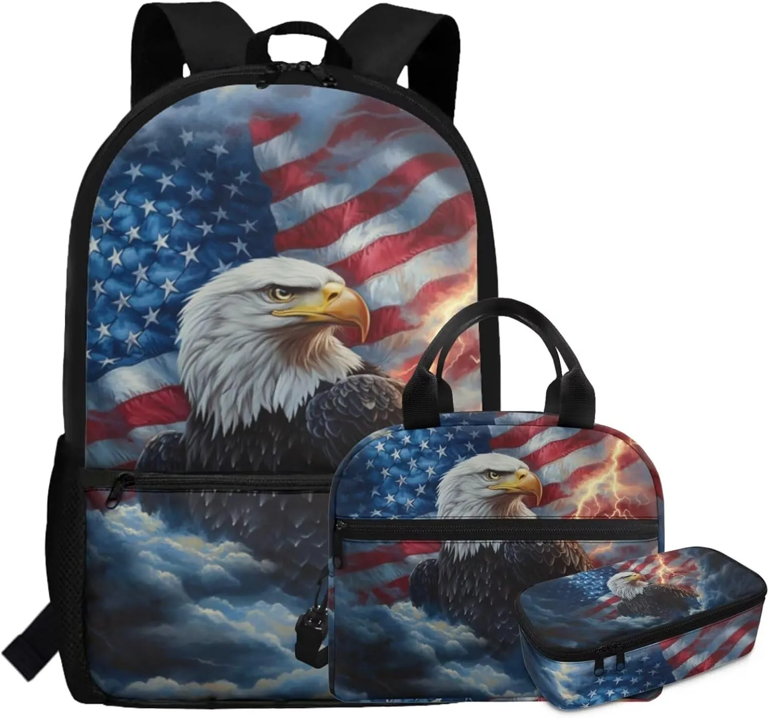 3rd Grade School Backpack Boys 8-9 Years 3 Piece Lightweight American Flag Eagle Bookbag Set with Breathable Back Adjustable Straps for Heavy Textbook Carrying