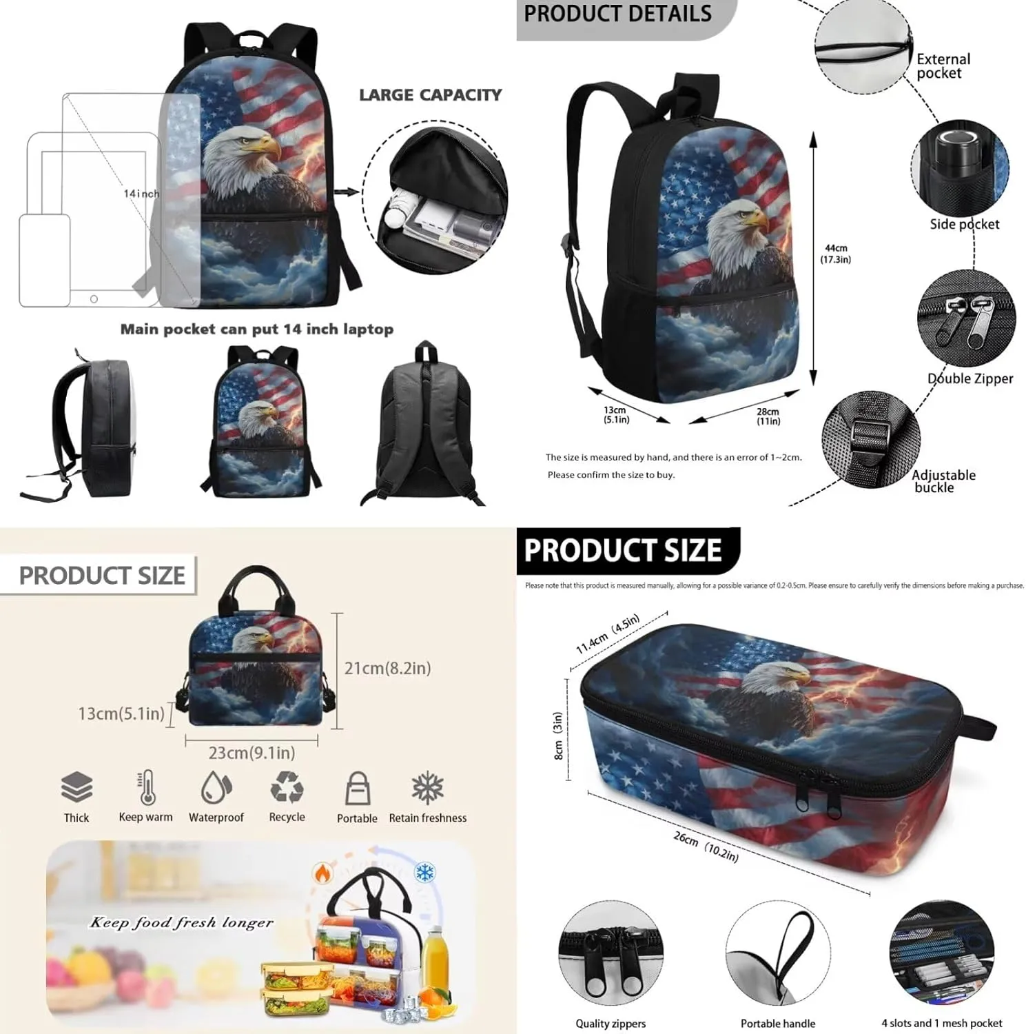 3rd Grade School Backpack Boys 8-9 Years 3 Piece Lightweight American Flag Eagle Bookbag Set with Breathable Back Adjustable Straps for Heavy Textbook Carrying