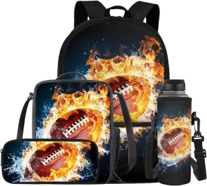 4 in 1 Fire Football Backpack for Boys 17 Inch Large Capacity Bookbag for Boys 8-12 Cool Lightweight Teens School Bag and Lunch Kit for Elementary Travel Hiking Daypack Rucksack