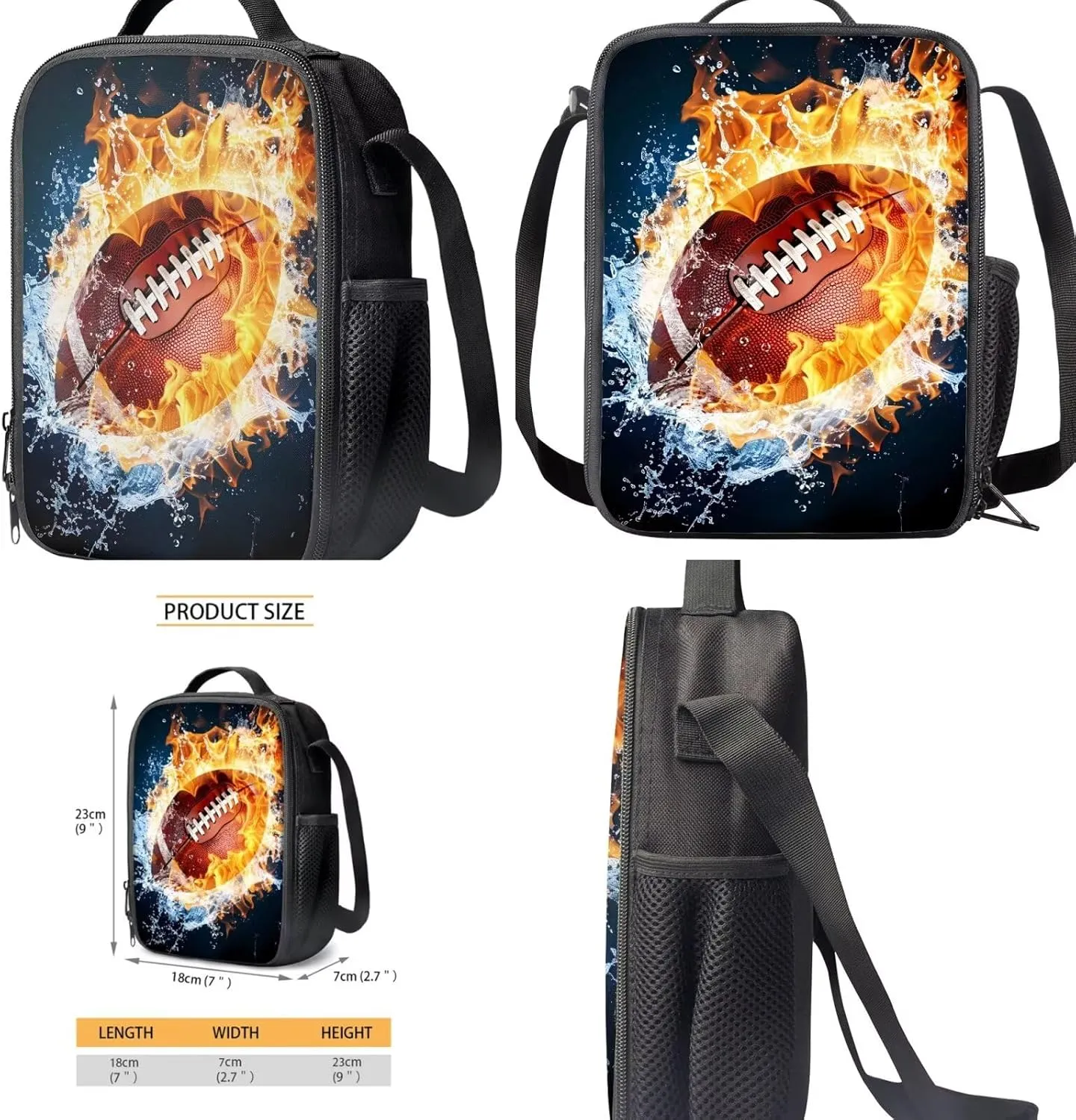 4 in 1 Fire Football Backpack for Boys 17 Inch Large Capacity Bookbag for Boys 8-12 Cool Lightweight Teens School Bag and Lunch Kit for Elementary Travel Hiking Daypack Rucksack