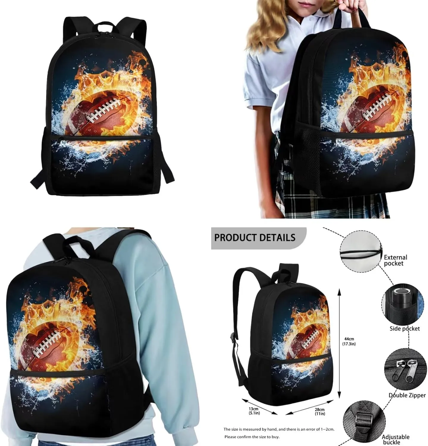 4 in 1 Fire Football Backpack for Boys 17 Inch Large Capacity Bookbag for Boys 8-12 Cool Lightweight Teens School Bag and Lunch Kit for Elementary Travel Hiking Daypack Rucksack